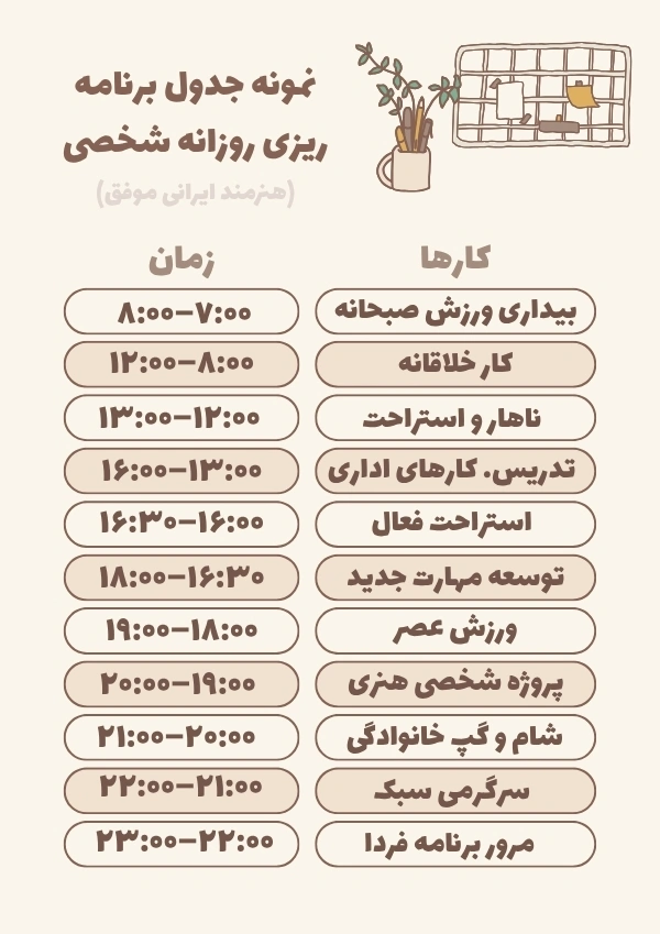 نمونه جدول برنامه ریزی روزانه شخصی هنرمند ایرانی موفق